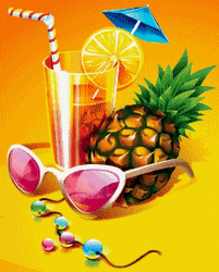 тропический коктейль - фрукты, кухня, бусы, очки, живопись, зонтик, шарик, ананас, стакан - предпросмотр