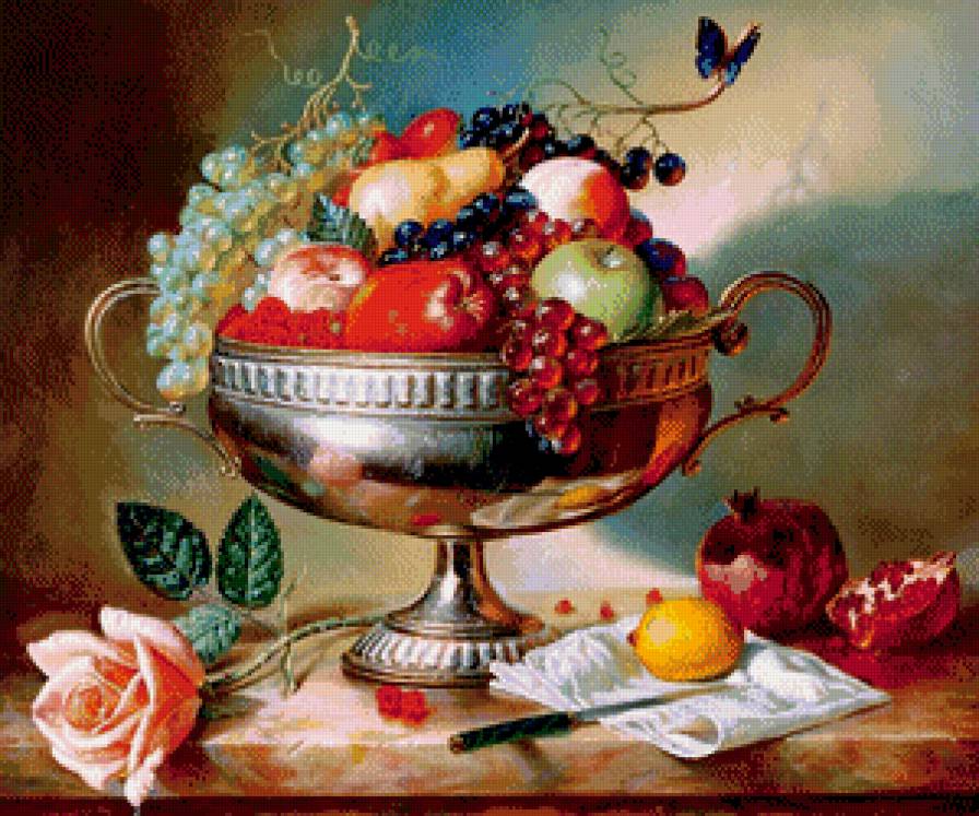 натюрморт А.Антонова - роза, картина, бабочка, живопись, фрукты, гранат, лимон, виноград, ваза - предпросмотр