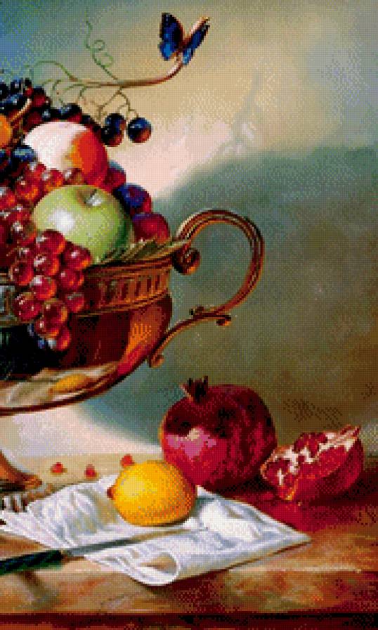 натюрморт  А. Антонова часть 2 - роза, лимон, фрукты, бабочка, гранат, картина, живопись, ваза, виноград - предпросмотр