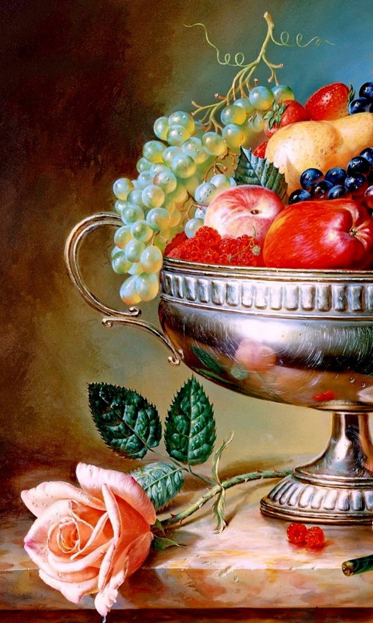 натюрморт  А. Антонова часть 1 - ваза, виноград, бабочка, картина, роза, фрукты, гранат, лимон, живопись - оригинал