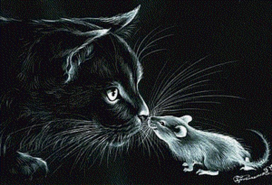 кошка и мышка монохром 2 - мышка, кошка, чорнобелое, монохром - предпросмотр