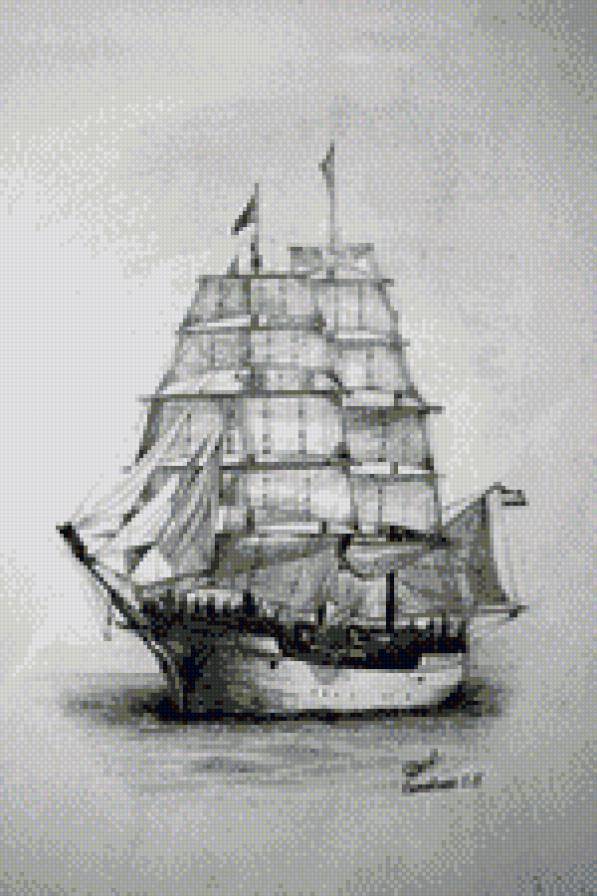 Парусный корабль - монохром, черно-белое, море, корабль - предпросмотр