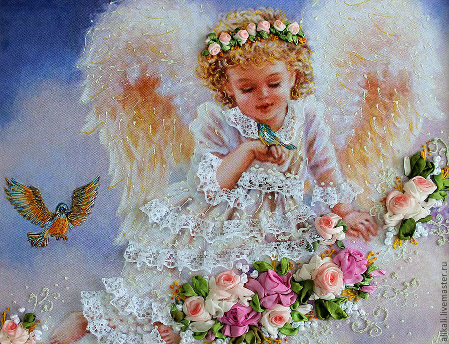 ангел с птичкой и гирляндой из роз - девочка, птичка, дети, розы, гирлянда, ангел - оригинал