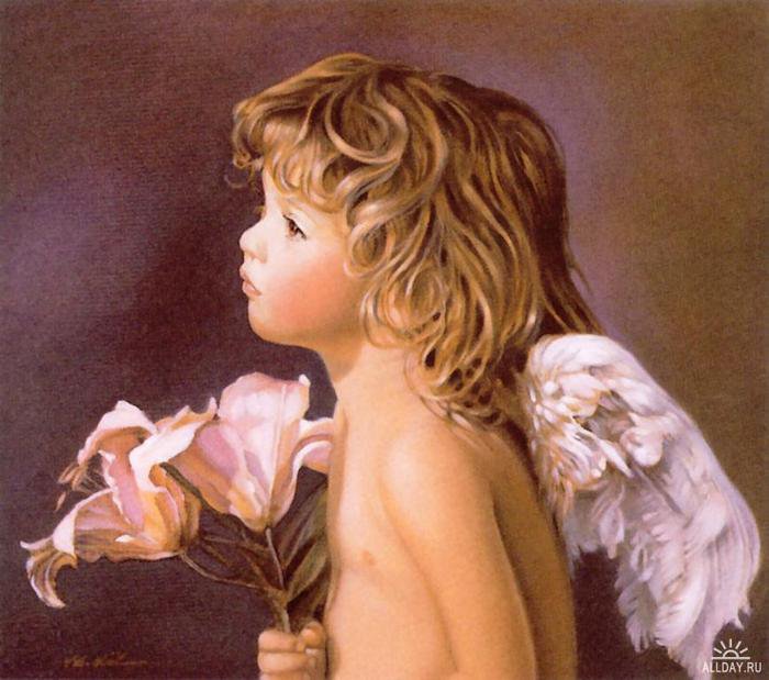 ангел с лилией - мальчик, девочка, религия, цветы, дети, лилия, ангел - оригинал