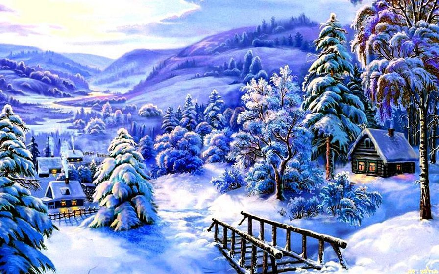 зимняя деревня - лес, дерево, сугроб, природа, снег, елки, пейзаж, ели, зима, сосна - оригинал