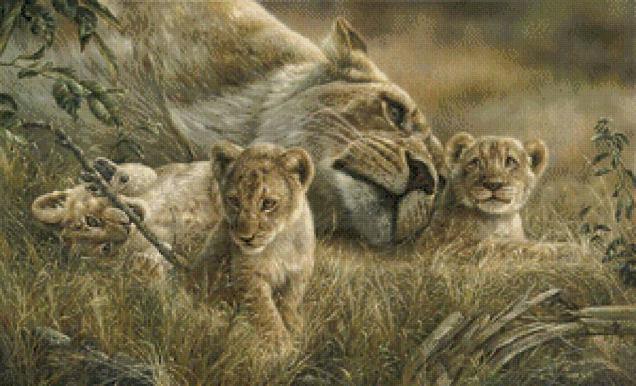 Львица с детьми - хищники, дикие кошки - предпросмотр