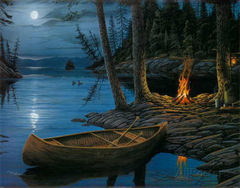 костёр на берегу - костер, природа, ночь, нейзаж, лодка, берег, река - оригинал