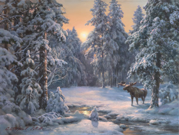 лось в зимнем лесу - река, снег, зима, дикие животные, рассвет, лось, пейзаж, лес, закат - оригинал