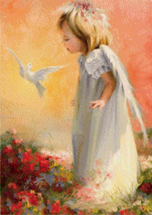 ангелок с голубем - голубь, цветы, дети, ангел, детское - предпросмотр