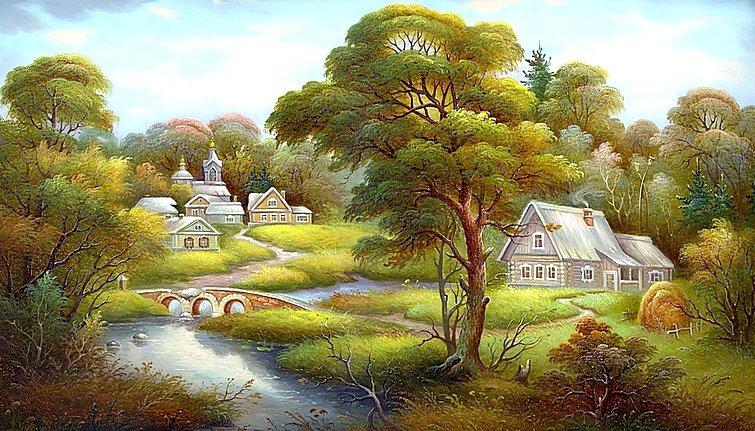 Сельский пейзаж - картина, осень, домики, пейзаж - оригинал