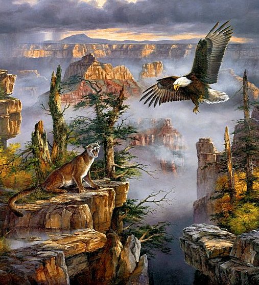 Встреча в поднебесье - горы, орел, пума, облака, пейзаж, птицы - оригинал
