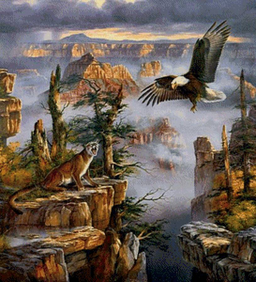 Встреча в поднебесье - горы, облака, пейзаж, орел, пума, птицы - предпросмотр