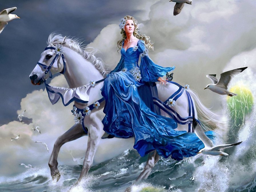 Девушка в синем - лошадь, море, девушка - оригинал