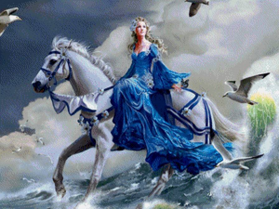 Девушка в синем - девушка, море, лошадь - предпросмотр