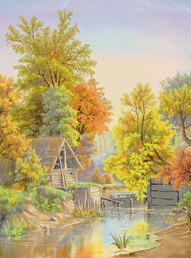 Осенний пейзаж (В.Цыганов) - река, лес, осень, живопись, пейзаж, домики, картины - предпросмотр