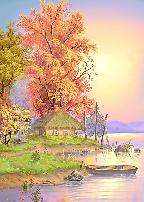 Осенняя река (большая) В.Цыганов - река, домики, картины, осень, живопись, пейзаж, лодки - оригинал