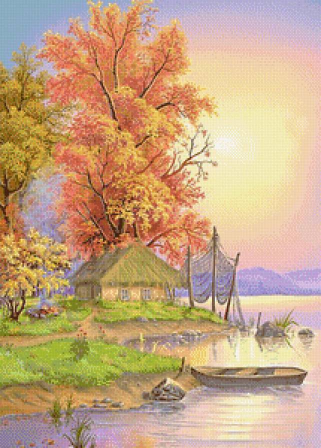 Осенняя река (большая) В.Цыганов - река, пейзаж, осень, домики, лодки, картины, живопись - предпросмотр