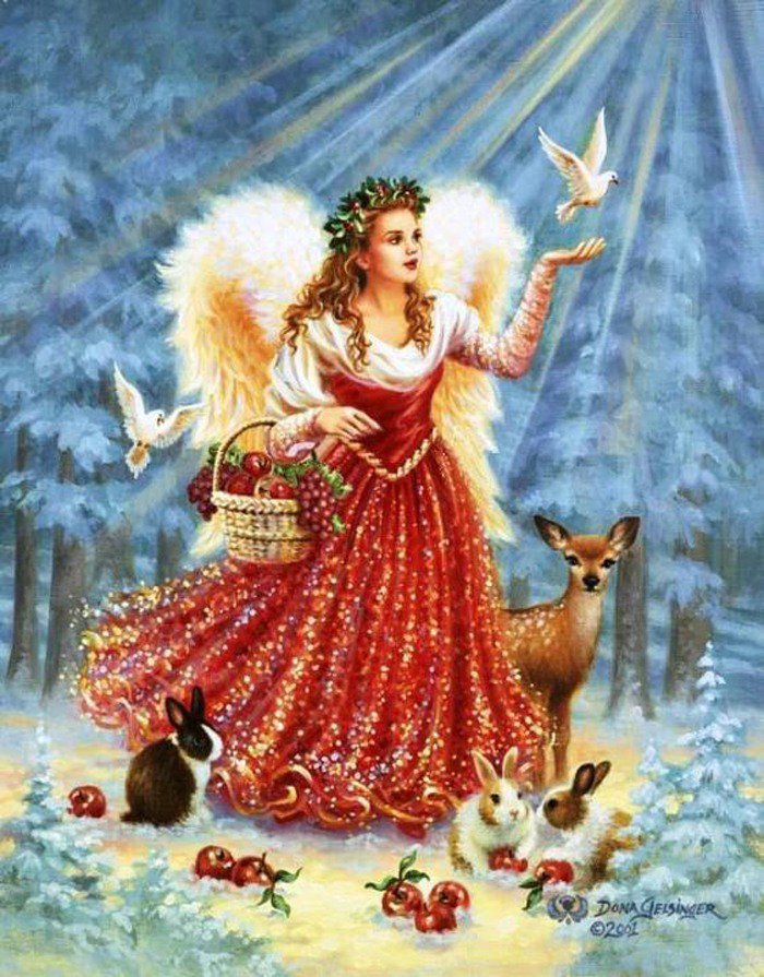 ангел в лучах света и животные - дона гелсингер, ангел, религия, праздник, животные, рождество, голубь - оригинал