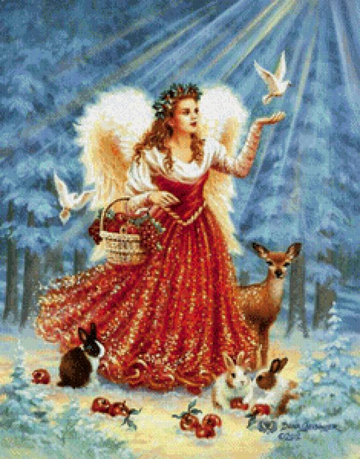 ангел в лучах света и животные - дона гелсингер, ангел, рождество, праздник, животные, голубь, религия - предпросмотр