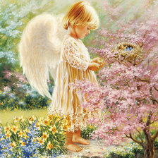 ангел и гнёздышко на цветущем дереве