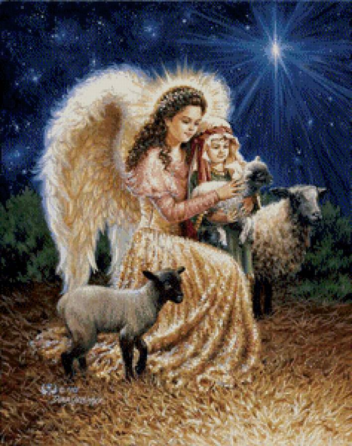 ангел и маленький пастушок с ягнятами - мальчик, дети.животные, ангел, дона гелсингер, религия, ягненок - предпросмотр