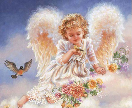 ангел и птички - цветы, небо, облако, ангел, религия, птички, дона гелсингер - оригинал
