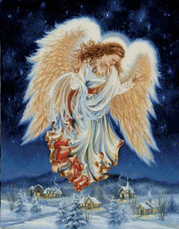 ангел над землёй - домики, дона гелсингер, небо, рождество, луч, звезды, ангел - предпросмотр