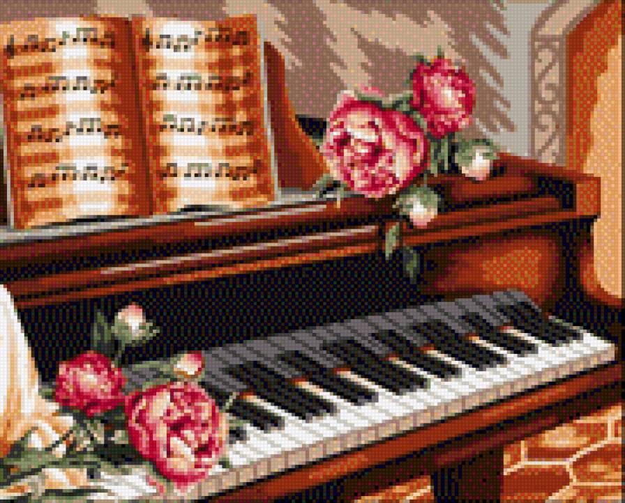 Цветы на пианино - музыка, пианино, ноты, цветы - предпросмотр