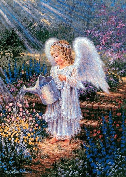 ангел поливающий цветы - цветы, девочка, дона гелсингер, ангел, дети, сад - оригинал