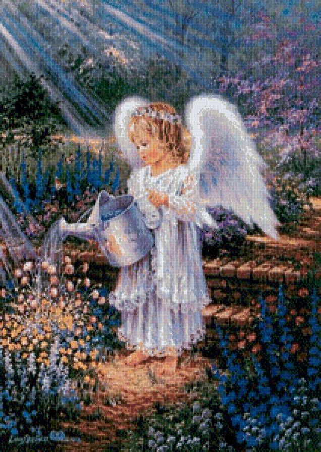 ангел поливающий цветы - дети, девочка, цветы, сад, дона гелсингер, ангел - предпросмотр