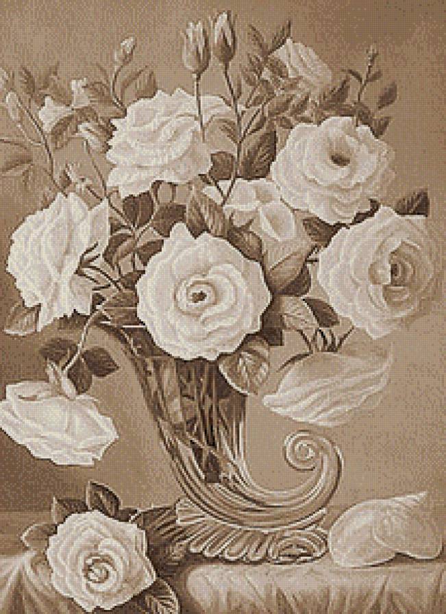 Розы в хрустальном роге (живопись) - картины, монохром, живопись, сепия, розы, цветы - предпросмотр