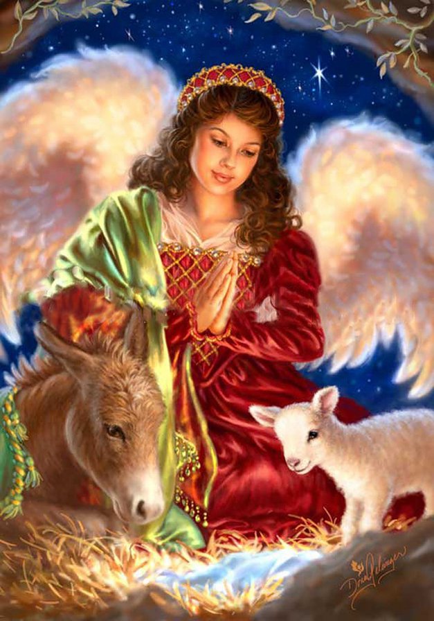 ангел у колыбели - колыбель, овечка, животные, ослик, ангел, рождество, донна гелсингер - оригинал