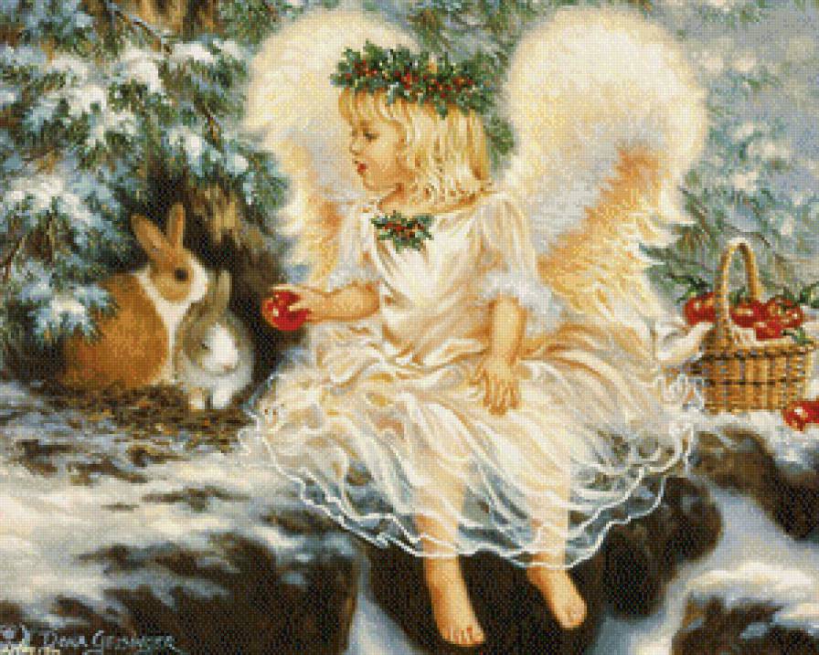 ангел у кроличьей норы - дона гелсингер, рождество, кролик, елка, ангел, игрушки, дети, девочка - предпросмотр