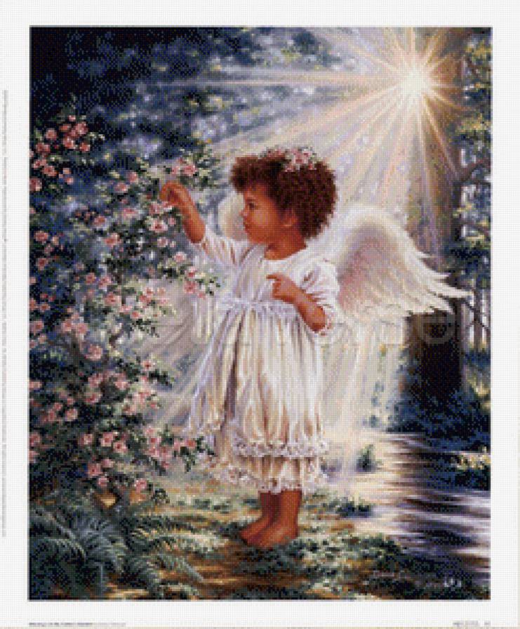 ангел в лучах света - ангел, религия, куст, дона гелсингер, розы, дети, цветы, девочка - предпросмотр
