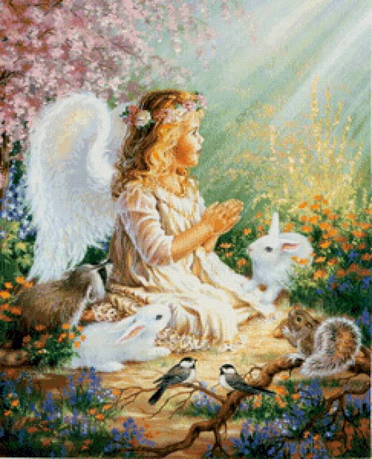 ангелок и животные - религия, цветы, дети, животные, девочка, дона гелсингер, ангел - предпросмотр