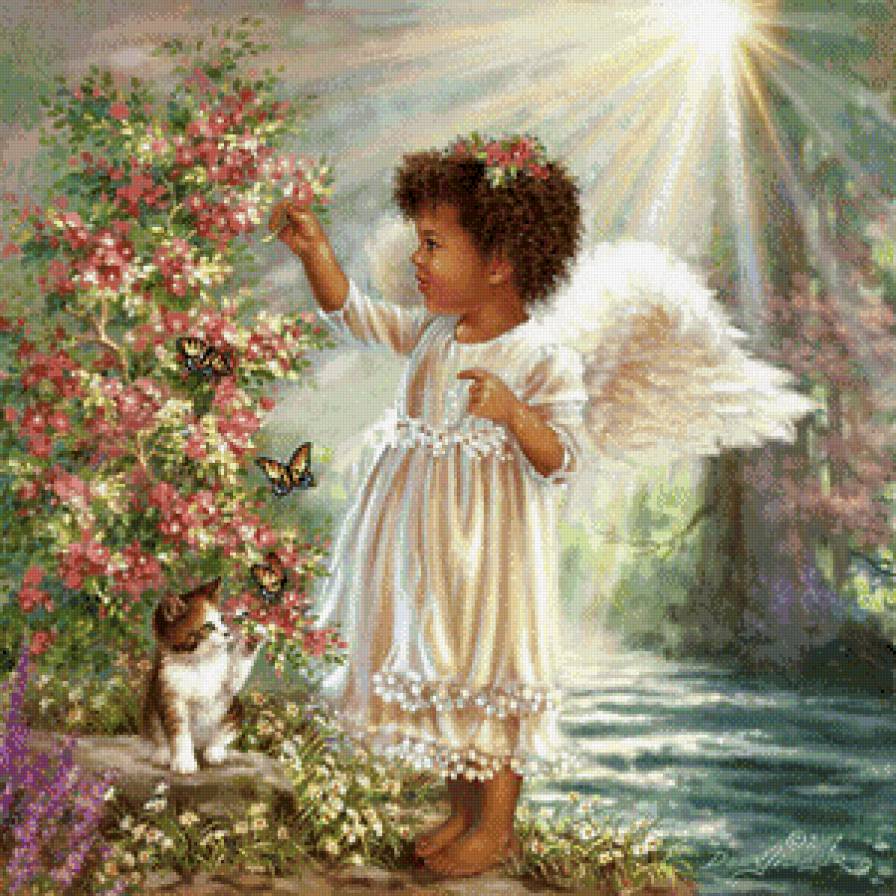 ангелок и котёнок с бабочками - девочка, дона гелсингер, цветы, куст, дети, котенок, бабочки, ангел - предпросмотр