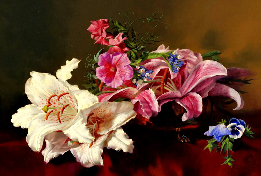 картина А.Антонова - лилии, цветы, букет, вьюнок, анютины глазки, живопись - оригинал