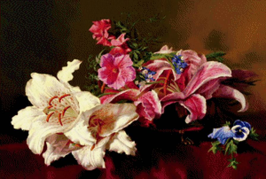 картина А.Антонова - анютины глазки, цветы, лилии, живопись, вьюнок, букет - предпросмотр
