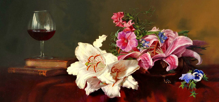 картина А.Антонова - букет, вьюнок, анютины глазки, лилии, цветы, живопись, книги, бокал - оригинал