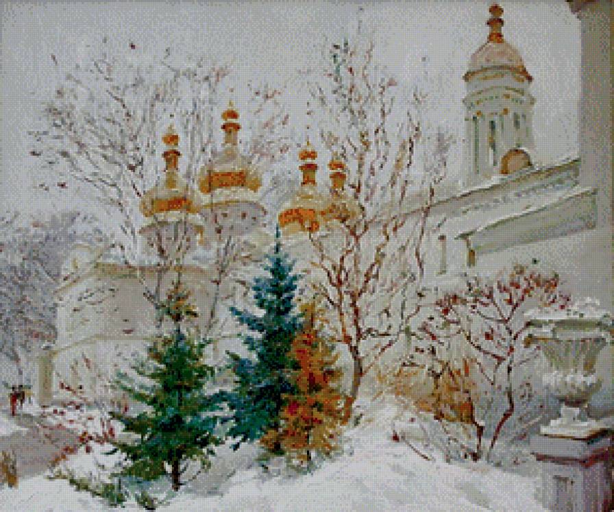 зима - елка, природа, картина, храм, живопись - предпросмотр