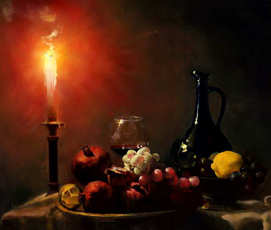 картина А.Антонова - лимон, гранат, живопись, виноград, огонь, фрукты, бокал, свеча, вино - оригинал