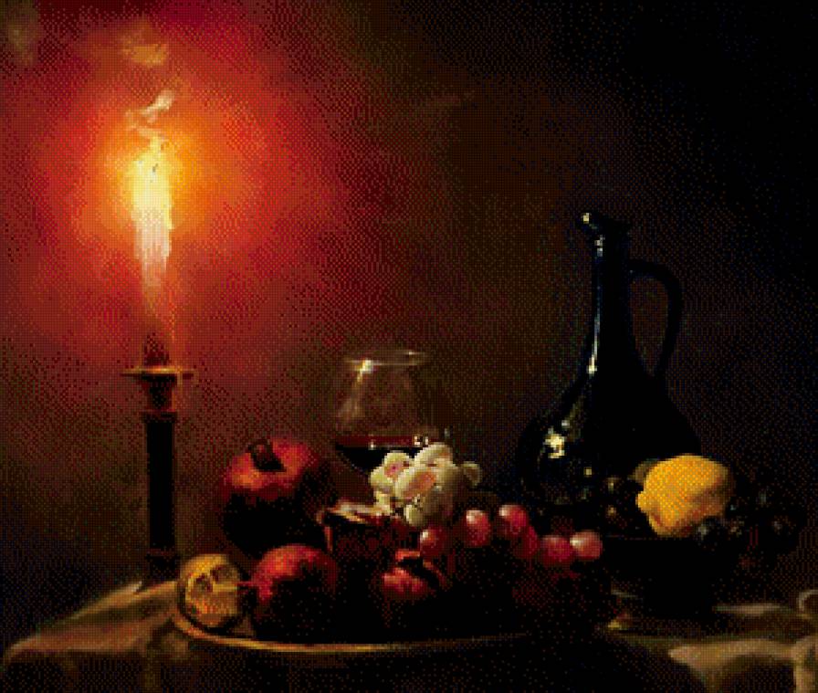 картина А.Антонова - лимон, гранат, виноград, живопись, огонь, бокал, свеча, фрукты, вино - предпросмотр