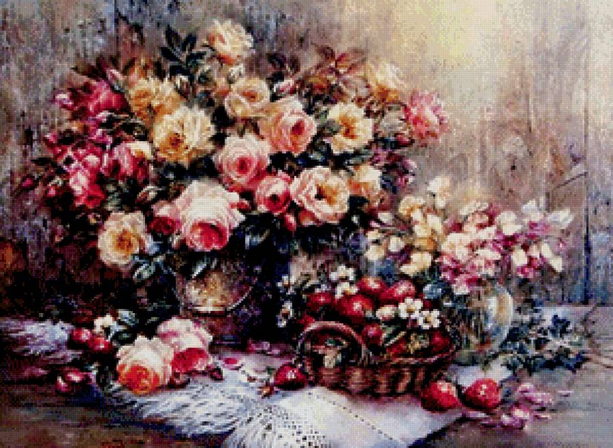 натюрморт - ягоды, клубника, букет, цветы, розы, живопись - предпросмотр