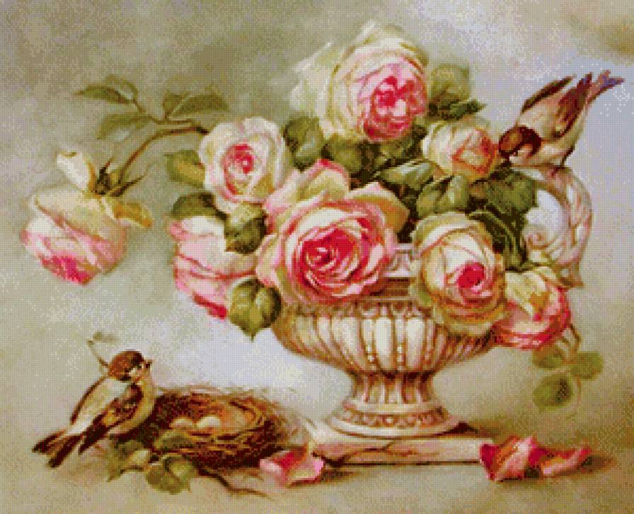 рэтро букет - цветы, любовь, ваза, букет, розы, гнездо, птицы, яйцо, пара, живопись - предпросмотр