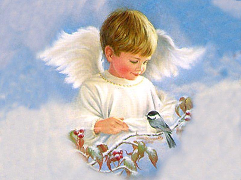 ангелок с птичкой на заснеженой веточке - девочка, птичка, дона гелсингер, мальчик, ангел, веточка, религия, дети - оригинал