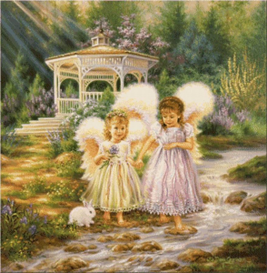 ангелочки и белый кролик - девочка, горы, природа, лес, дети, ангел, религия, река, дона гелсингер - предпросмотр