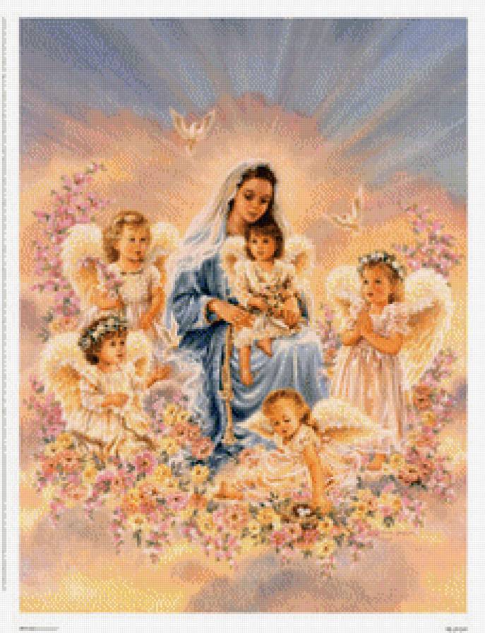 ангелочки и божья мать - цветочная гирлянда, дона гелсингер, религия, божья мать, ангел, дети - предпросмотр