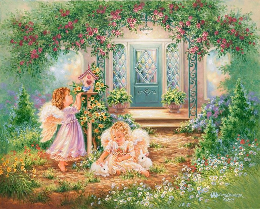 ангелочи у дома - домик, цветы, сад, девочка, дети, ангел, дона гелсингер - оригинал