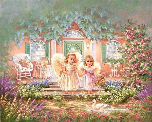 ангелочки - ангел, цветы, домик, девочка, сад, дети, дона гелсингер - оригинал