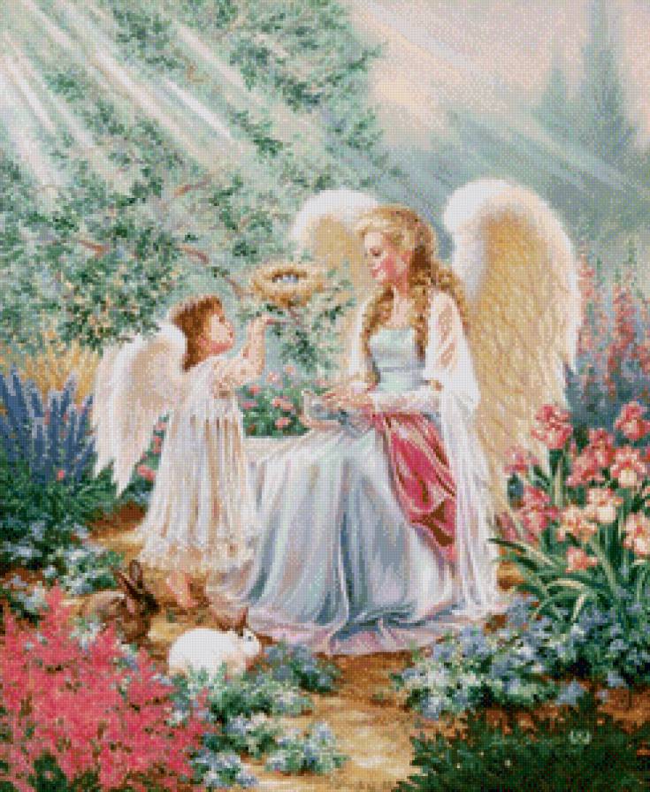 ангелы в саду - девушка, девочка, религия, сад, ангел, кролик, дона гелсингер - предпросмотр